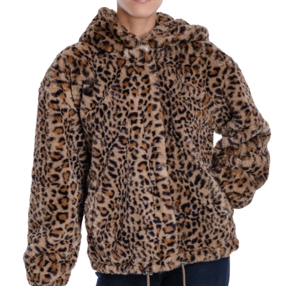 NWT Lucky Brand Faux Fur Leopard Print Hooded Jacket Size X-Small